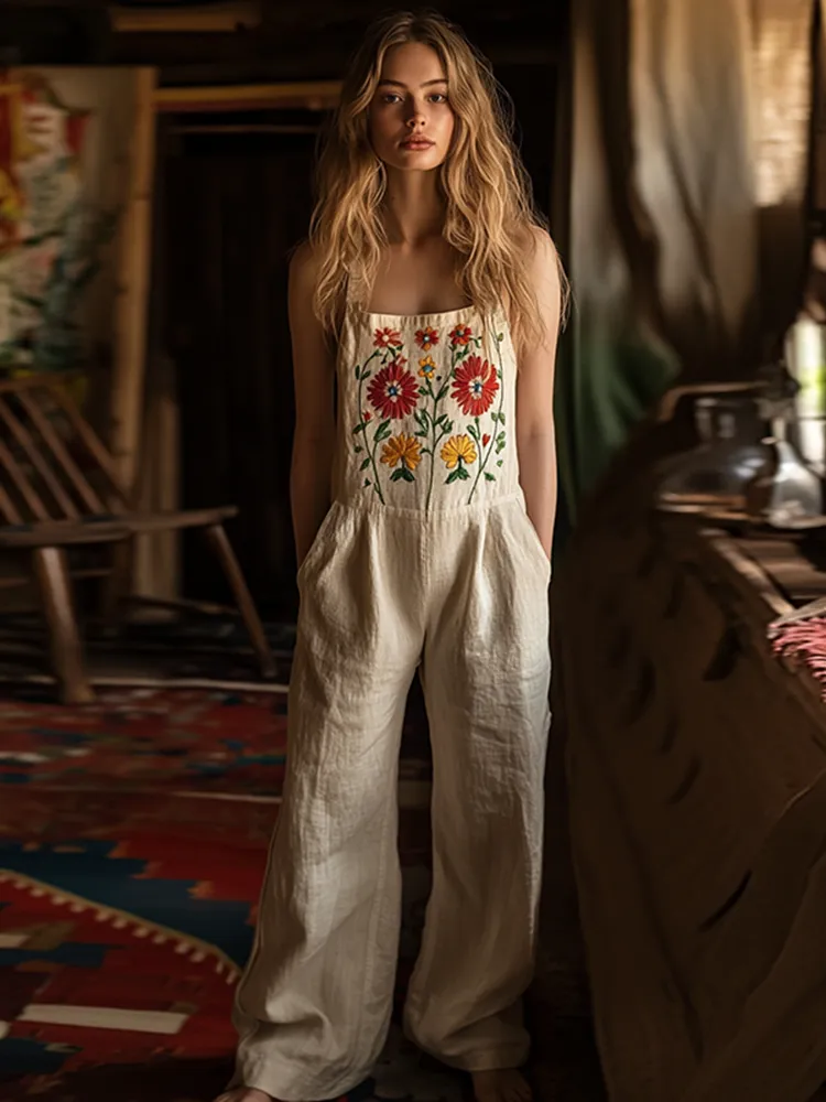 Vintage Floral Embroidered Pattern Art Linen Blend Loose Casual Jumpsuit