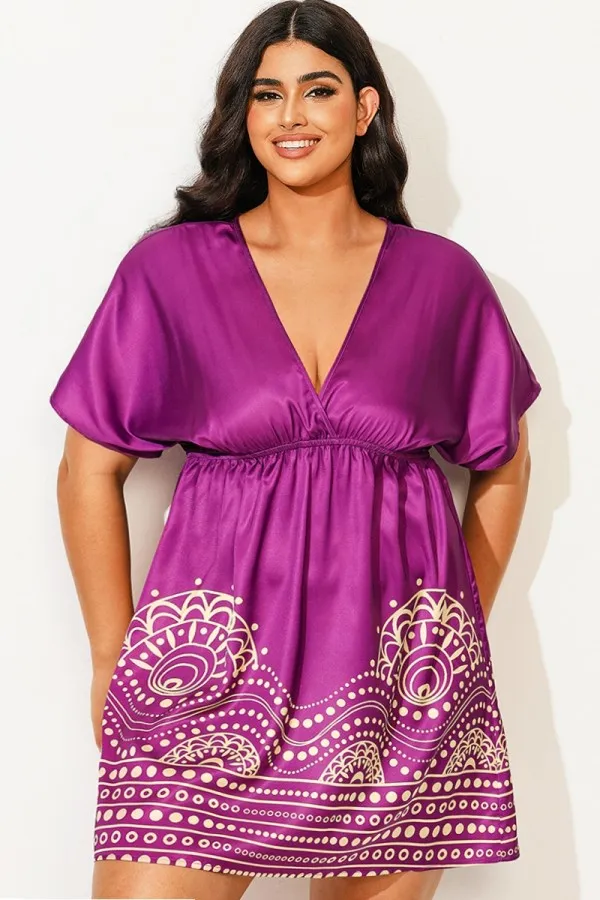 Purple Elastic Waistband V-Neck Cover Up Dress