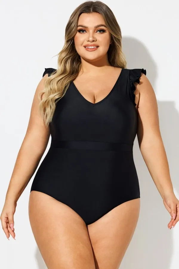 Black Ruffle Sleeves V-Neck One Piece Swimsuit