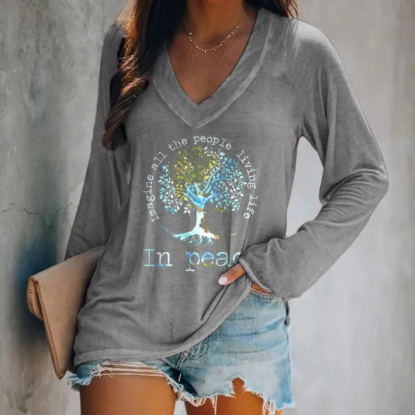 Imagine All The People Living Life In Peace Printed Women's T-shirt
