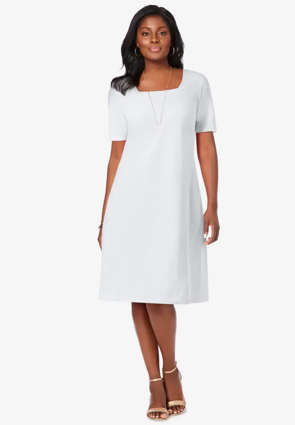 Stretch Cotton Square Neck Midi Dress
