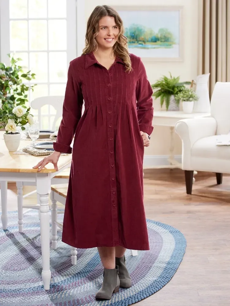 Pintuck Cotton Corduroy Dress