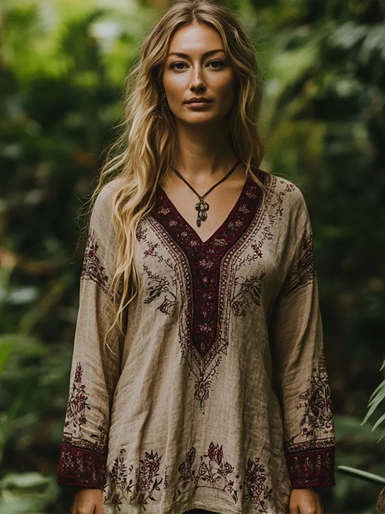 Vintage Bohemian Embroidered Linen V-neck Shirt