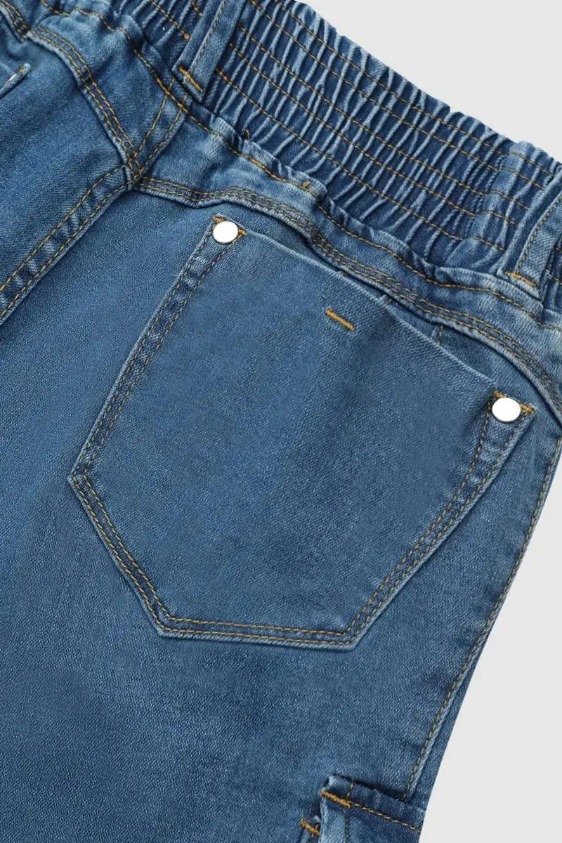 Ripped Flap Pocket Elastic High Waist Denim Bermuda Shorts