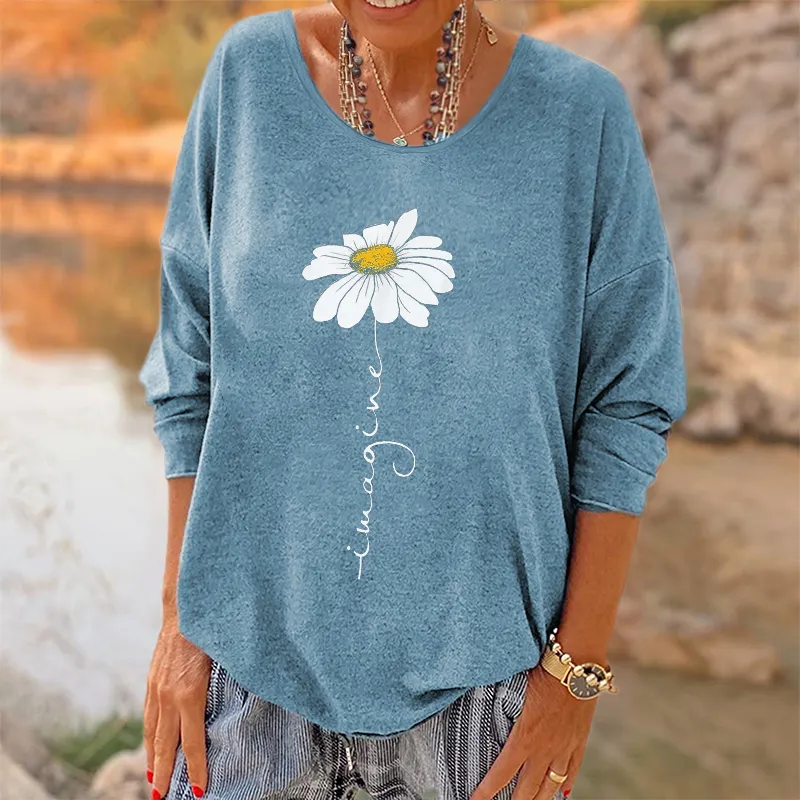 Oversized Imagine Little Daisy Printed Hippie Long Sleeves T-shirt