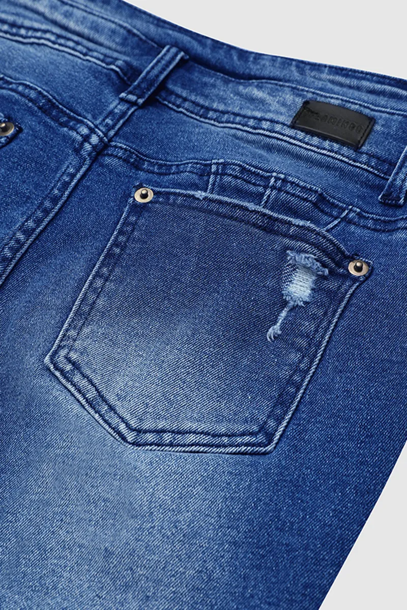 Ripped Button Fly Notched Waist Raw Hem Denim Bermuda Shorts