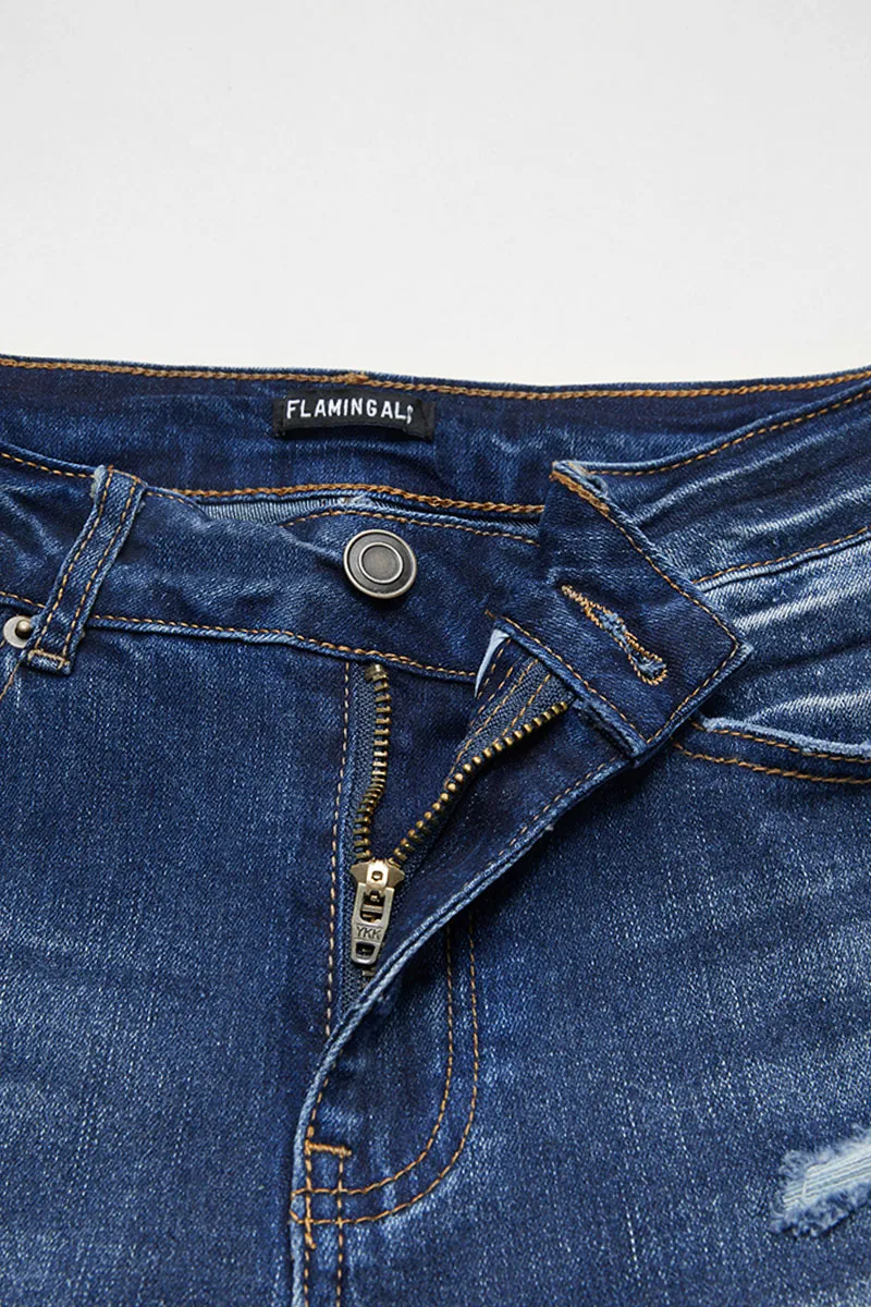 Ripped Raw Hem High Rise Denim Bermuda Shorts