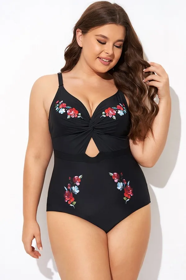 Black Flower Adjustable Straps Cut Out Front One Piece Swimsuit