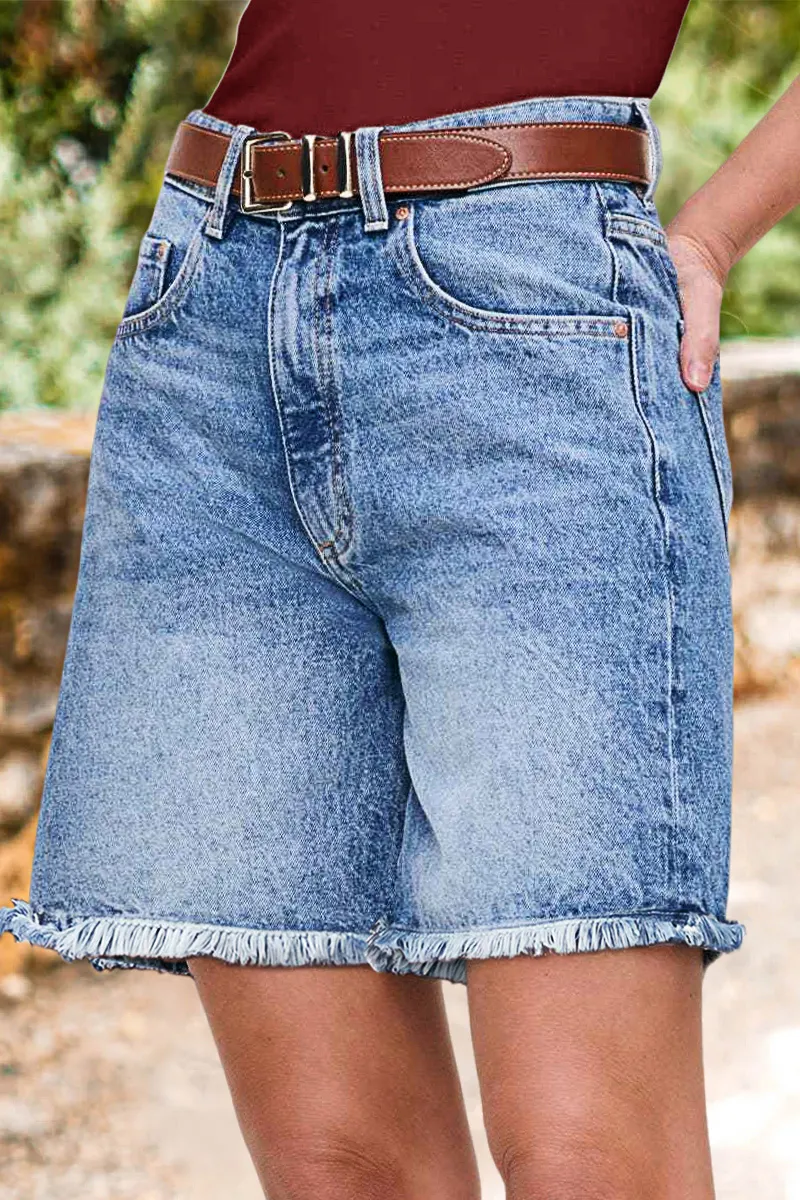 Wash Raw Hem Mid Thigh Denim Shorts Without Belt