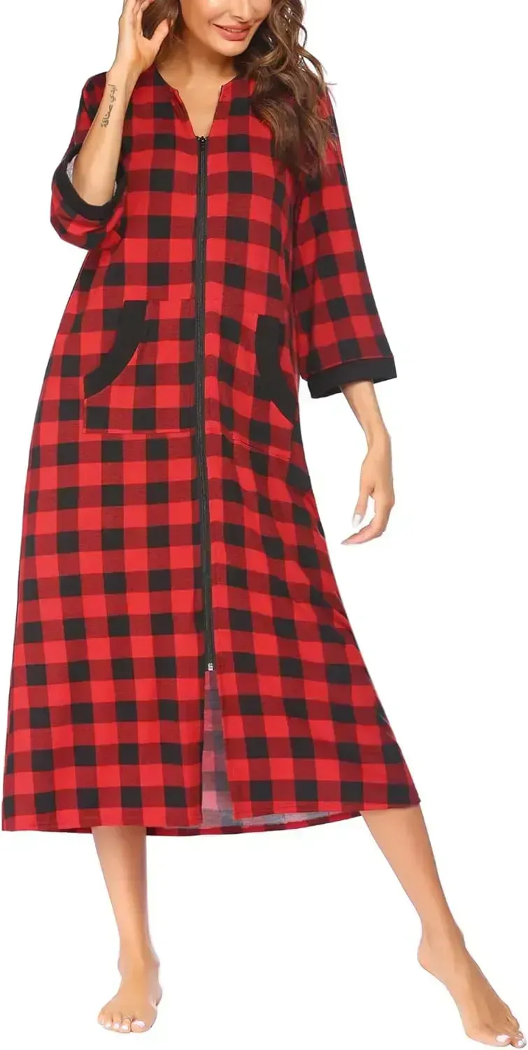 Women Zipper Robe 3/4 Sleeves Loungewear Dress Full Length Sleepwear Pockets Housecoat Nightgown Long Bathrobe