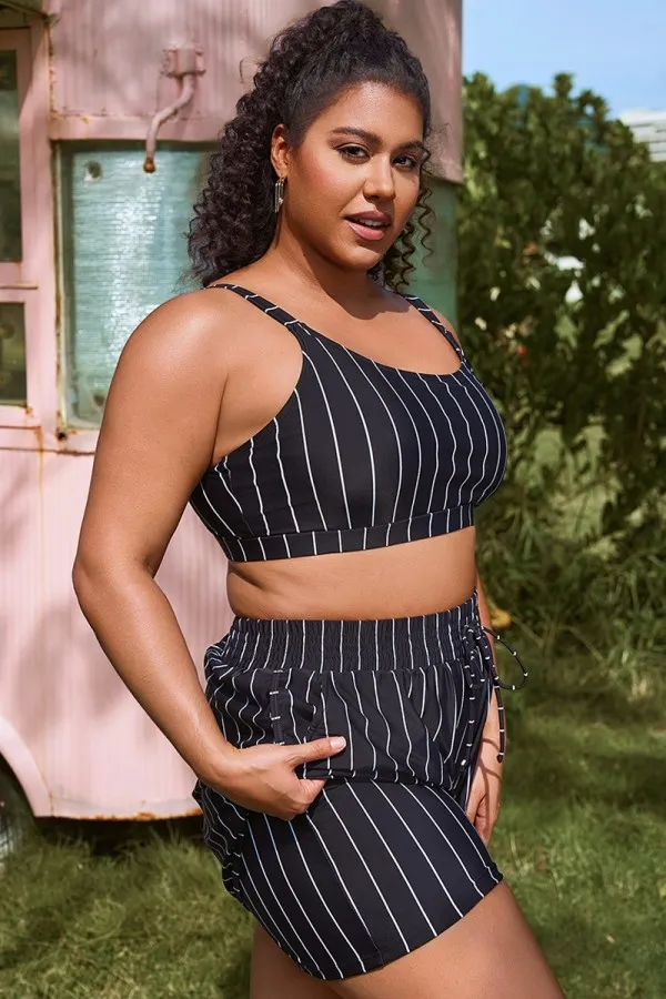 Plus Size Green Check Pinstripe Bikini Top
