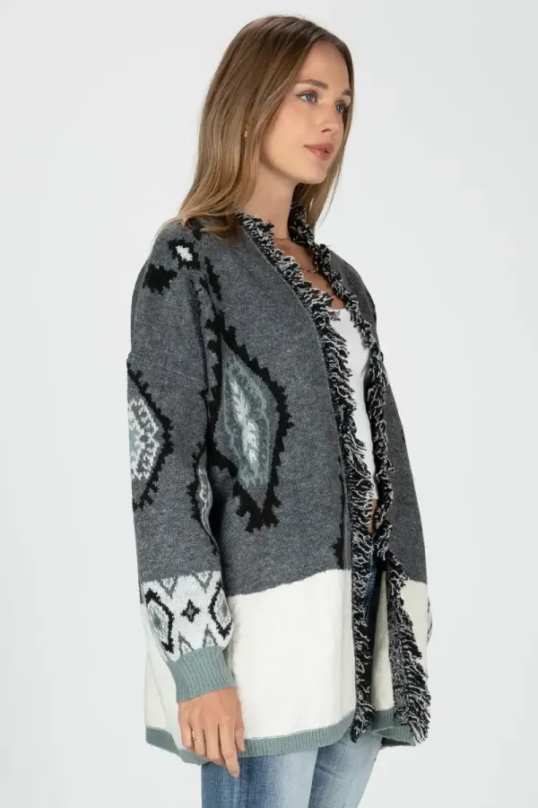 Sweater Block Open Front Aztec Cardigan