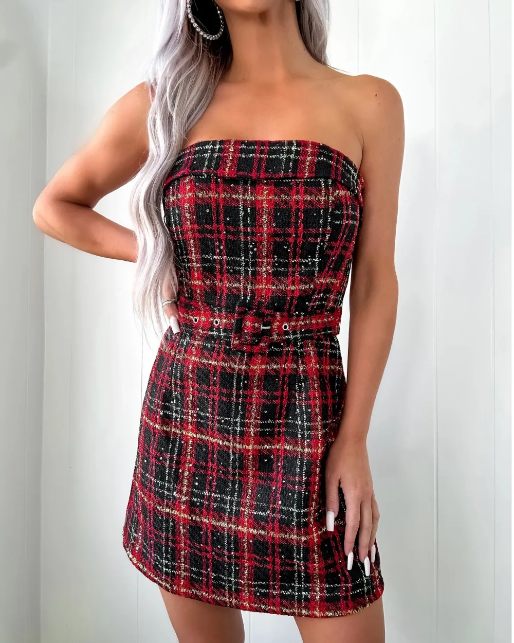 Classic Tweed Belt Dress - Red/Black