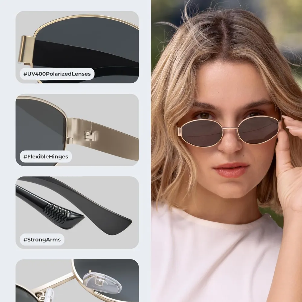 livho 2025 Trendy Oval Sunglasses - Stylish Polarized Shades for Everyday - Retro Metal Frames, Gold/Silver/Black