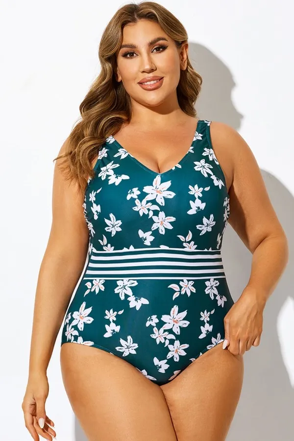 Floral Print V-Neck One Piece Swimsuit