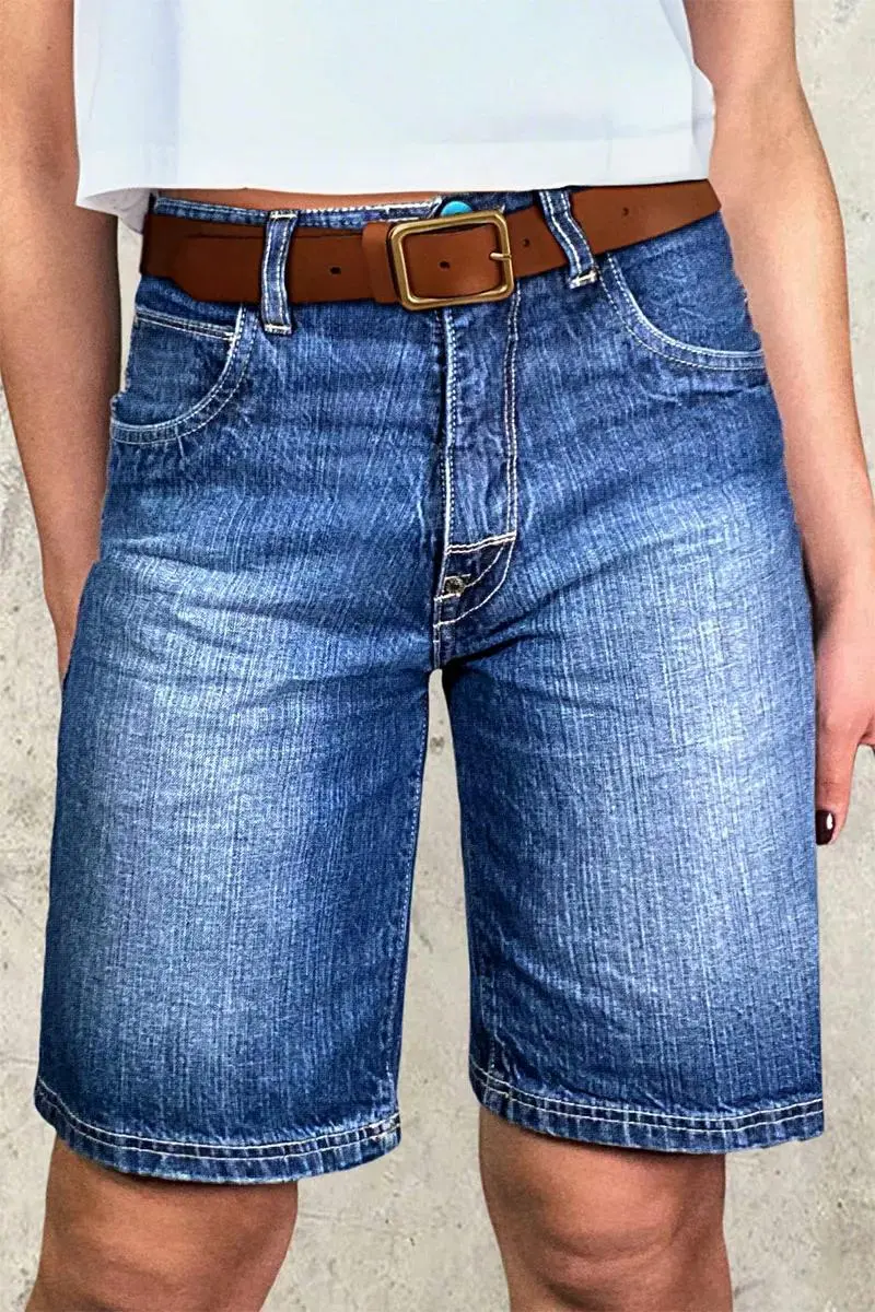 Wash High Rise Straight Leg Denim Bermuda Shorts Without Belt