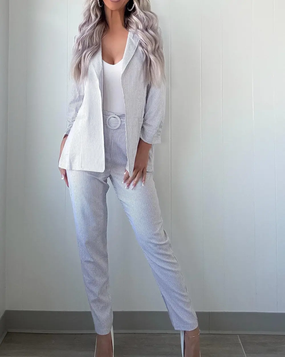 Pinstripe Blazer Set - Ivory