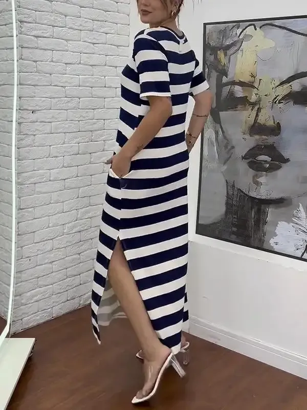 Women's Casual Round-neck Striped Short-sleeved Dress