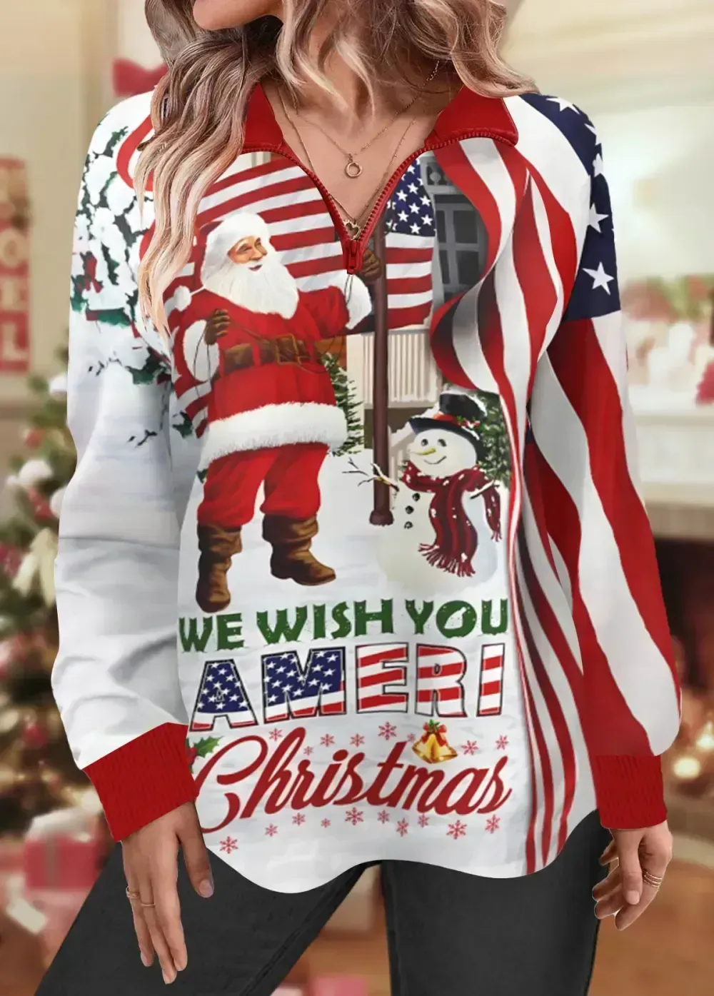 Multi Color Zipper Christmas Print Long Sleeve Sweatshirt