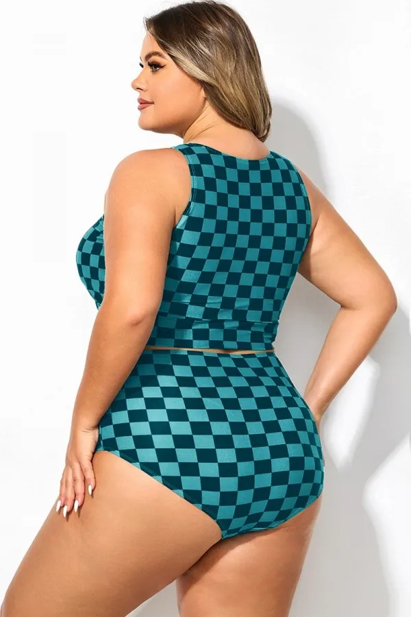 Plus Size Blue Check Knotted Crop Bikini Top