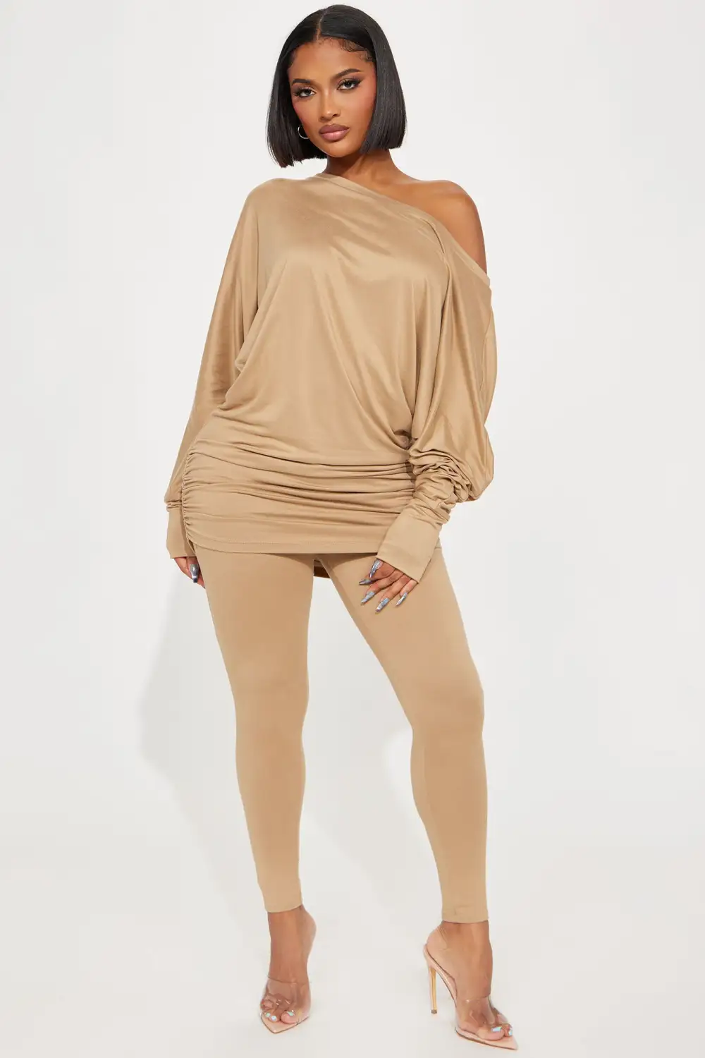 Camila Off Shoulder Legging Set - Taupe