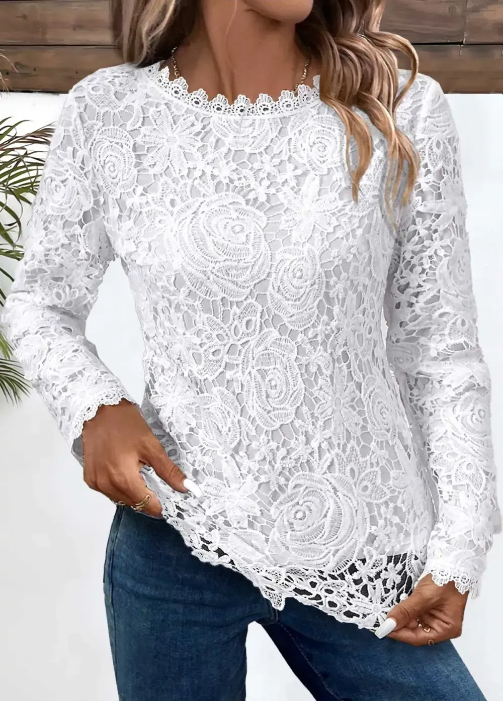 White Embroidery Long Sleeve Round Neck T Shirt
