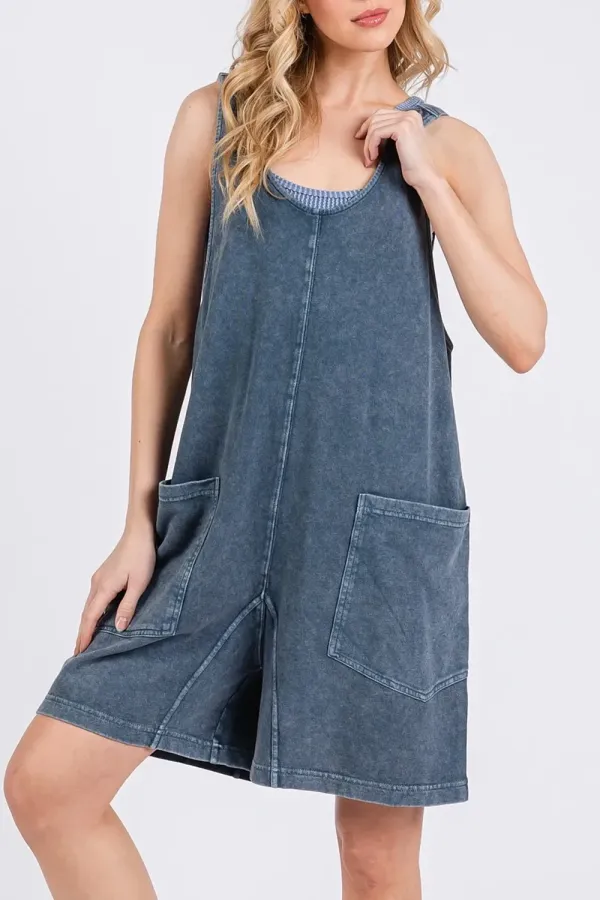 Retro Aging Waist-Cinching Grey Tank Jumpsuits