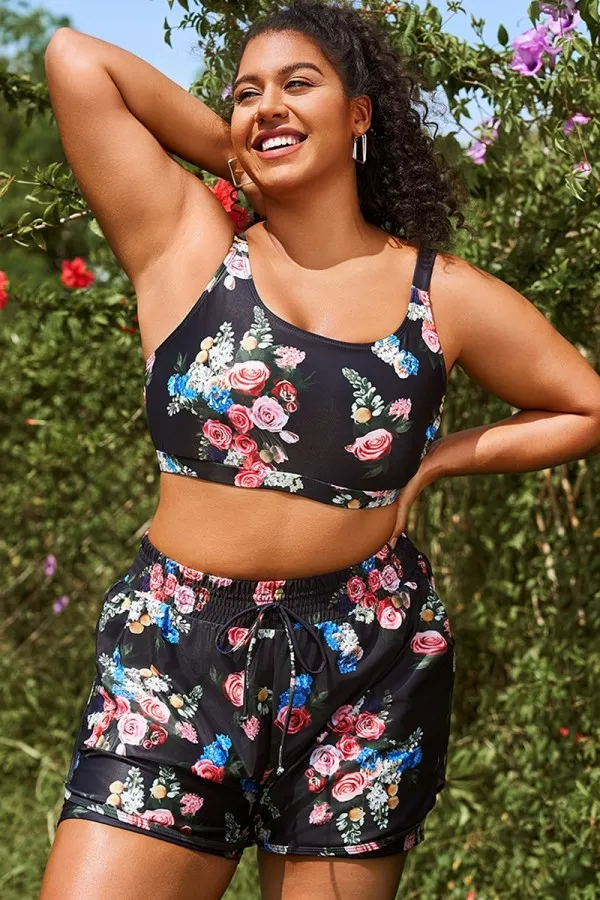 Floral Print Round Neck Wide Strap Bikini Top