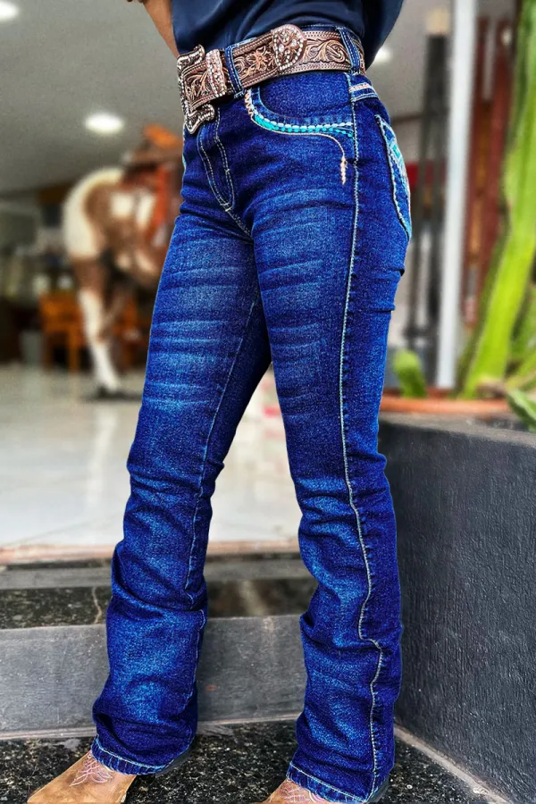 Wash Geo Embroidery Mid Rise Bootcut Jeans Without Belt