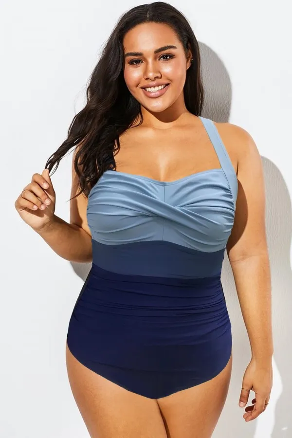 Plus Size Contrast Twist Front Skinny One Piece Swimsuit