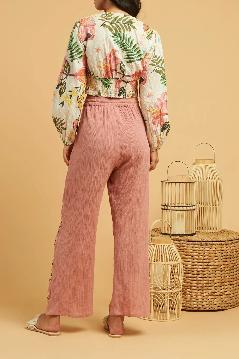 Pink Embroidered Wide Leg Pants