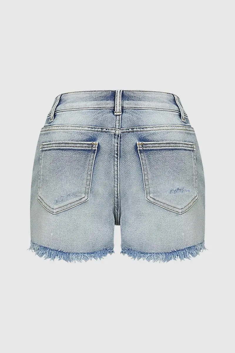 Wash Ripped High Rise Denim Shorts Without Belt