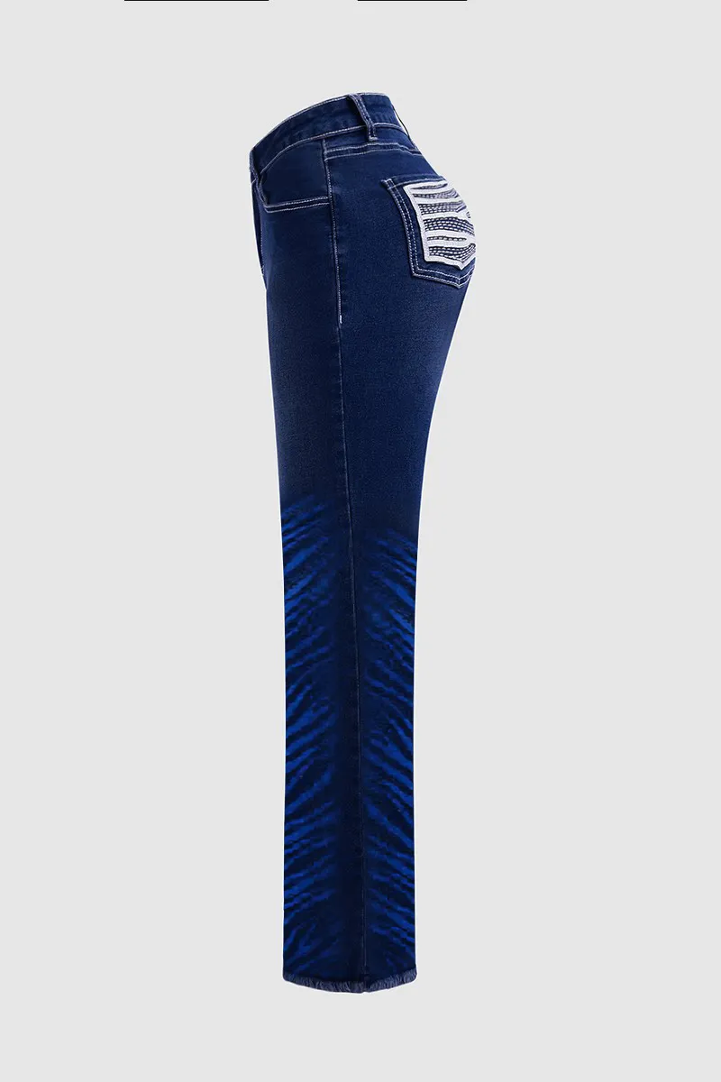 Zebra Striped Beaded Mid Waist Bootcut Jeans Without Belt