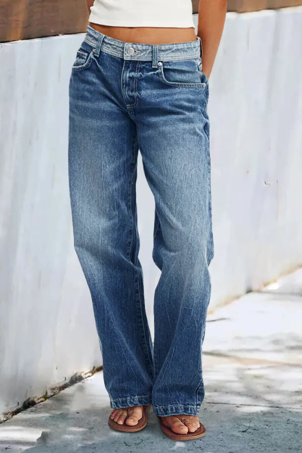 Wash Flap Pocket Back Low Waist Straight Leg Jeans