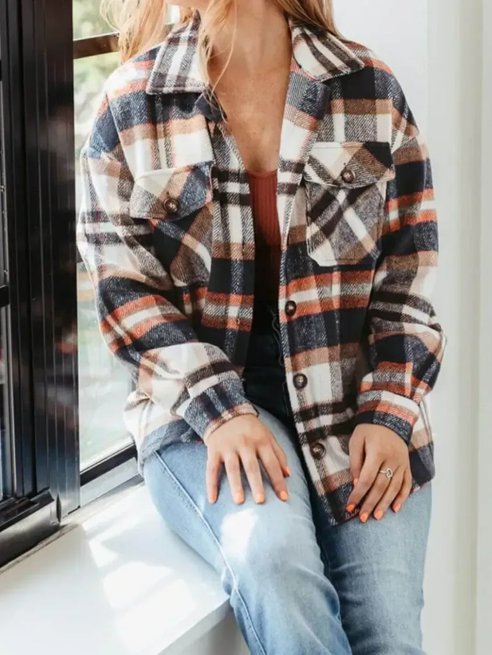 Womens Casual Plaid Shacket Button Down Long Sleeve Shirt