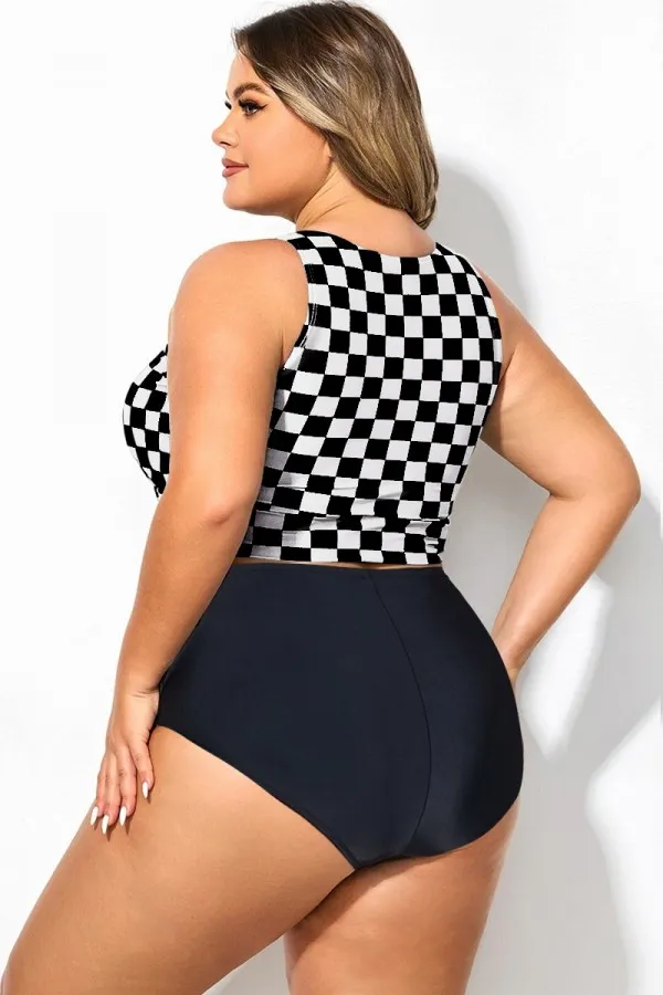 Black & White Check Knotted Crop Bikini Top