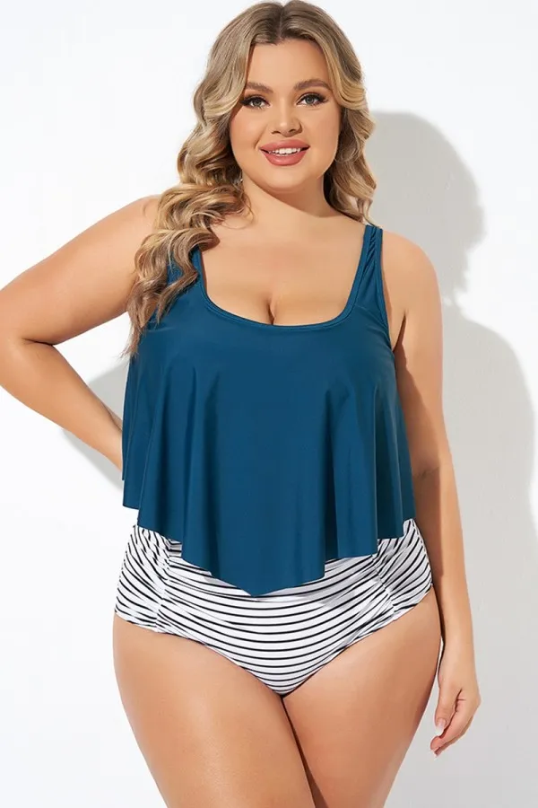 Striped Scoop Neck Ruched Flounce Blouson Tankini Top