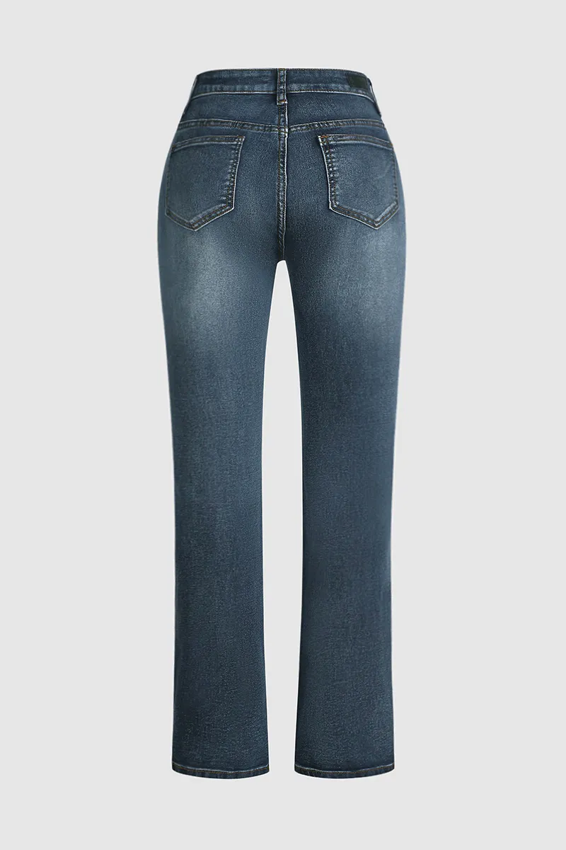 Washed Floral Embroidery Stretchy Mid Waist Bootcut Jeans