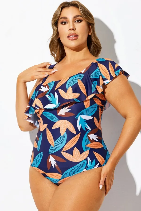 Blue Leaf Print Asymmetric One Piece Swimsuit