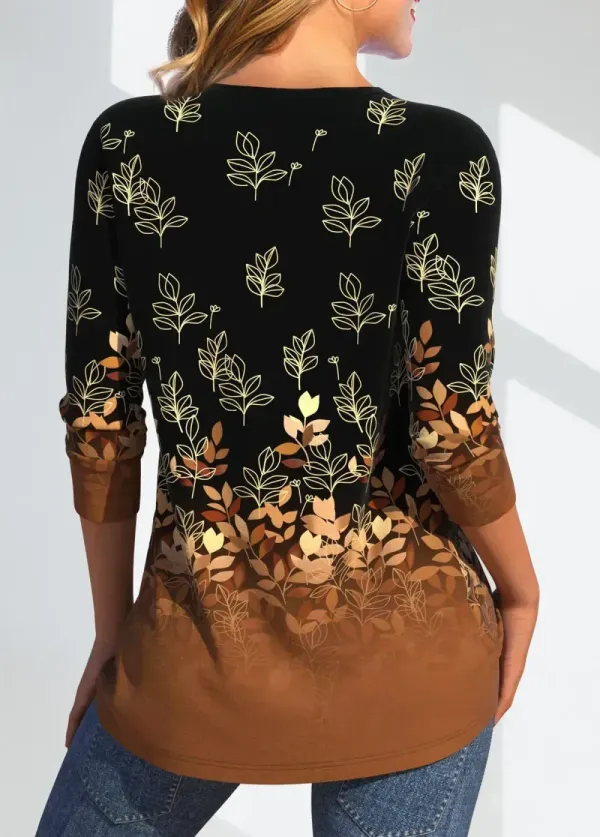 Dark Camel Criss Cross Leaf Print T Shirt
