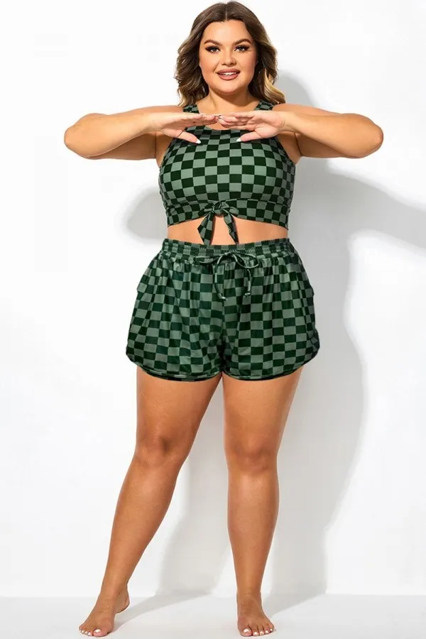 Plus Size Green Check Mid Waist Women Shorts