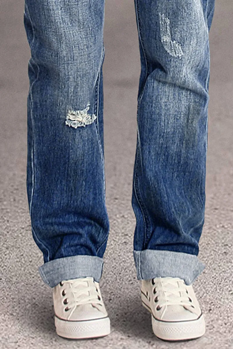 Wash Ripped Double Button Mid Rise Straight Leg Jeans