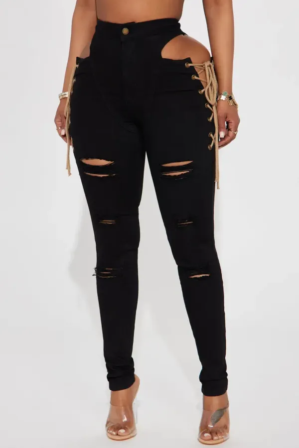 Getting Out There Lace Up Skinny Jeans - Black Wash