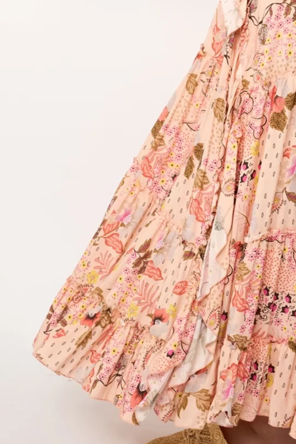 Pink And White Floral Print Ruffled Maxi Skirt
