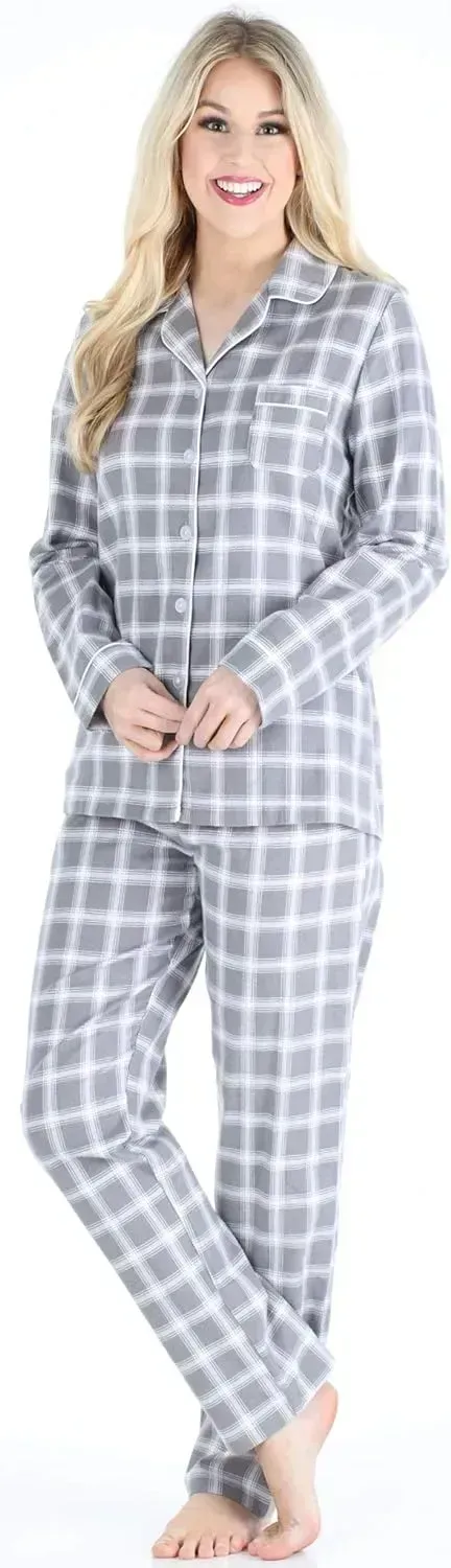 Women's Cotton Flannel Long Sleeve Button-Down Pajamas PJ Set