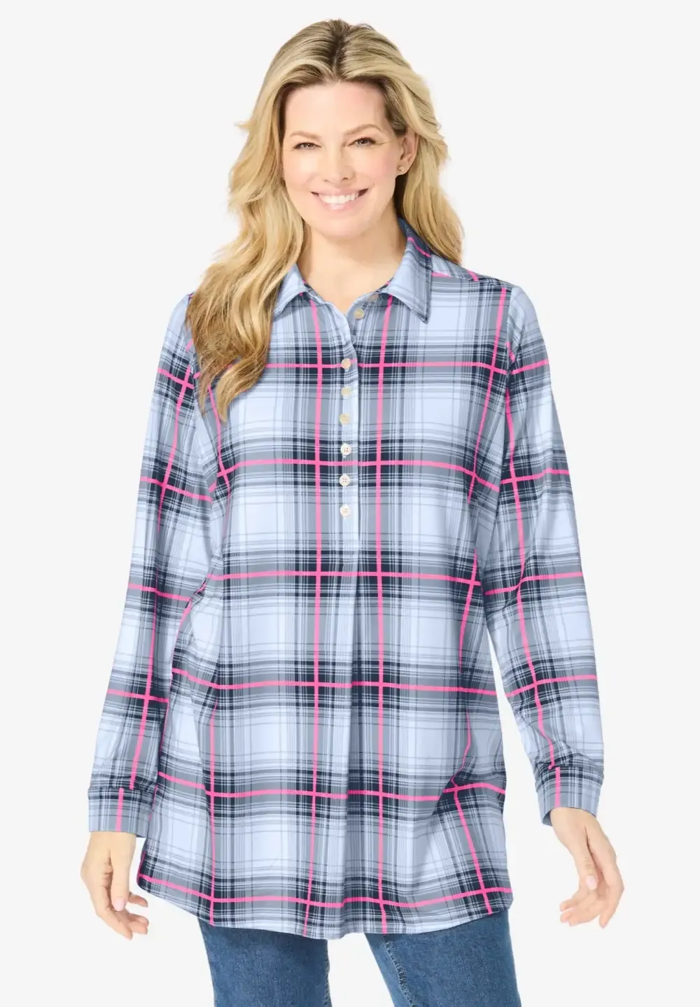 Plaid Knit Tunic With Collar