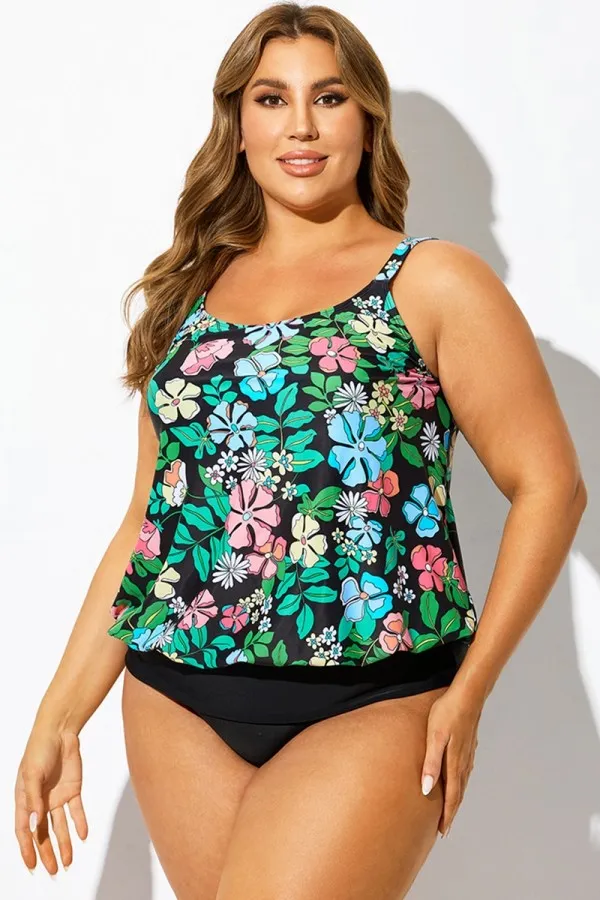 Beach Floral Print Blouson Tankini Top