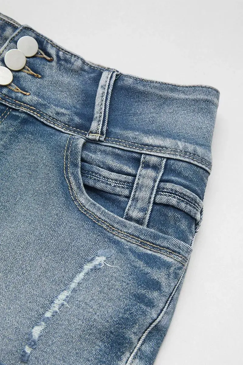 Ripped Roll Hem Button Up High Rise Denim Shorts