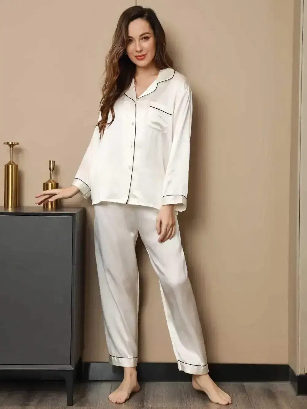 Binding Trim Long Sleeve Pure Silk Pajamas Set