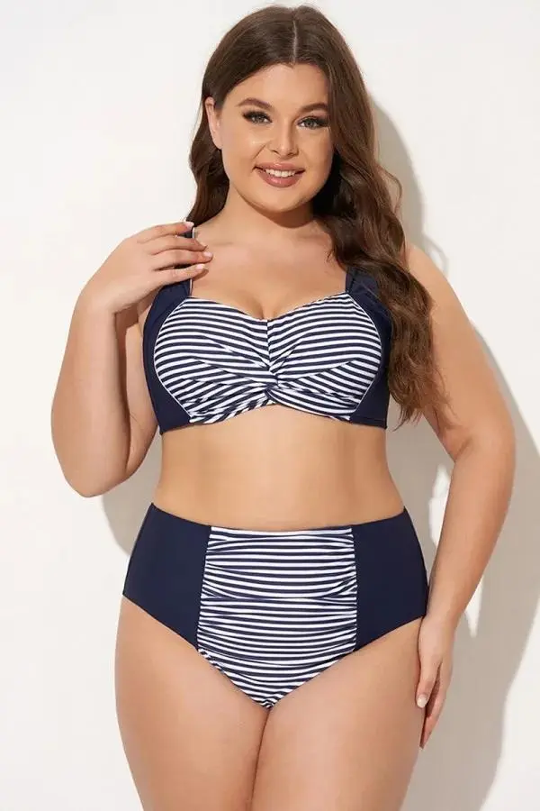 Navy Striped Twist-Front Bikini Top